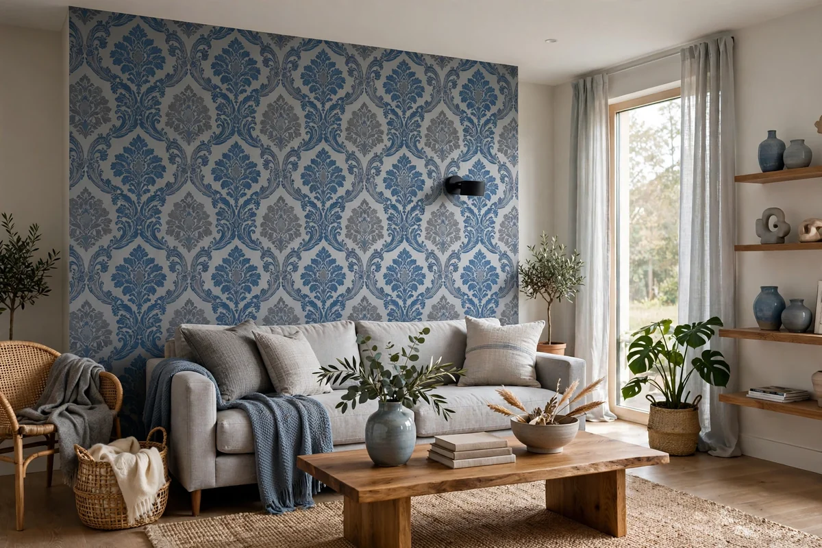 Living room with a statement blue and grey wallpaper feature wall
