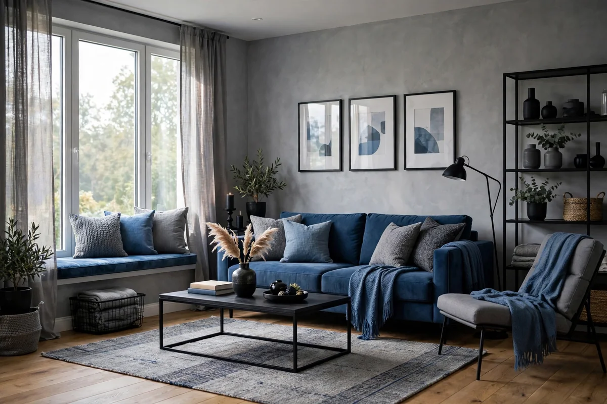 Blue and grey living room with black accents for definition