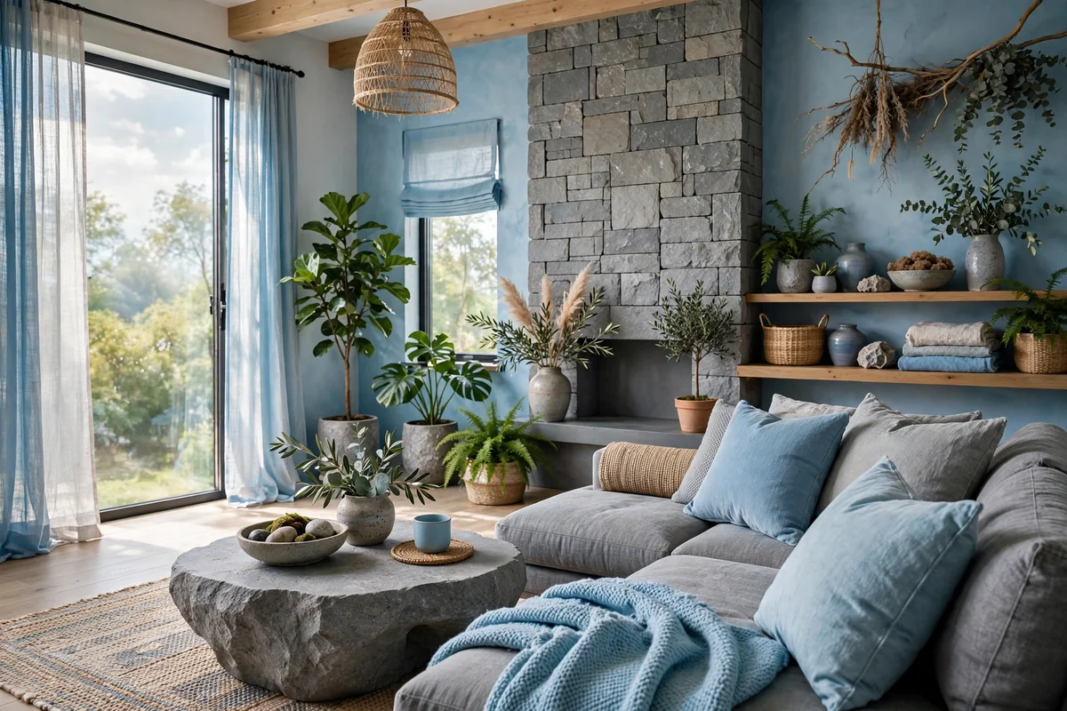 Living room inspired by nature, sky blue and stone grey tones