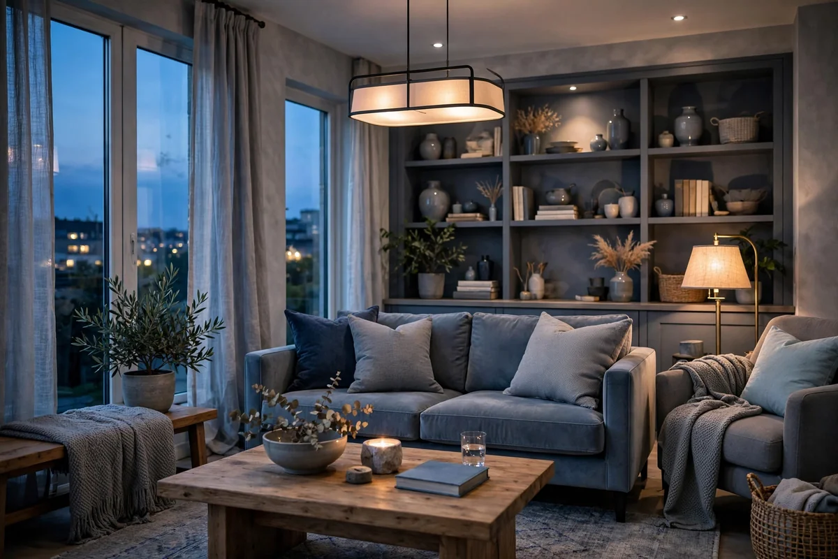 Blue and grey living room with soft layered lighting, evening glow