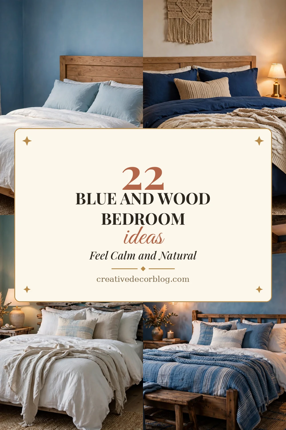22 blue and wood bedroom ideas Pinterest pin collage