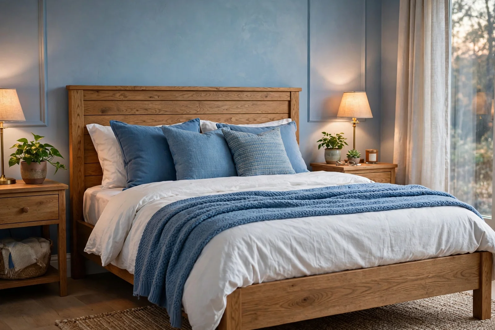 Blue and wood bedroom with soft blue walls, oak furniture and layered textiles