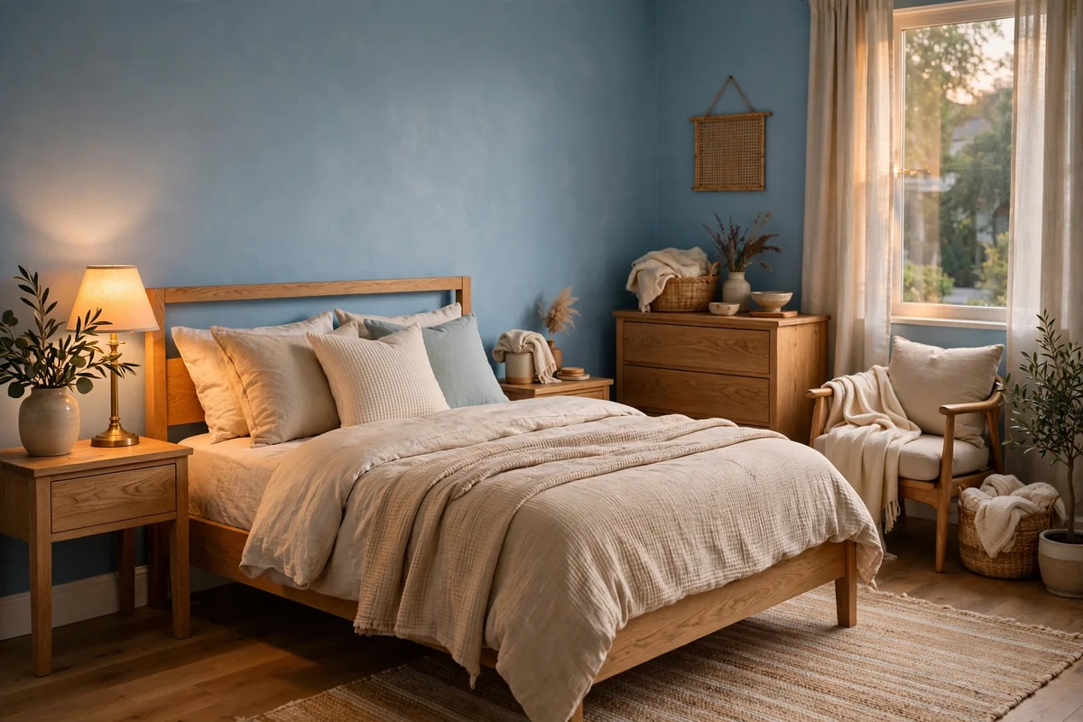 Soft blue walls with natural wood furniture
