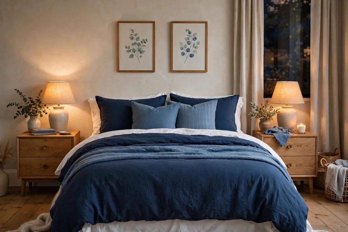 Navy bedding with oak nightstands