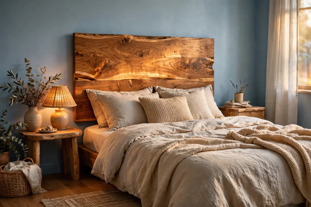Wooden headboard against blue walls