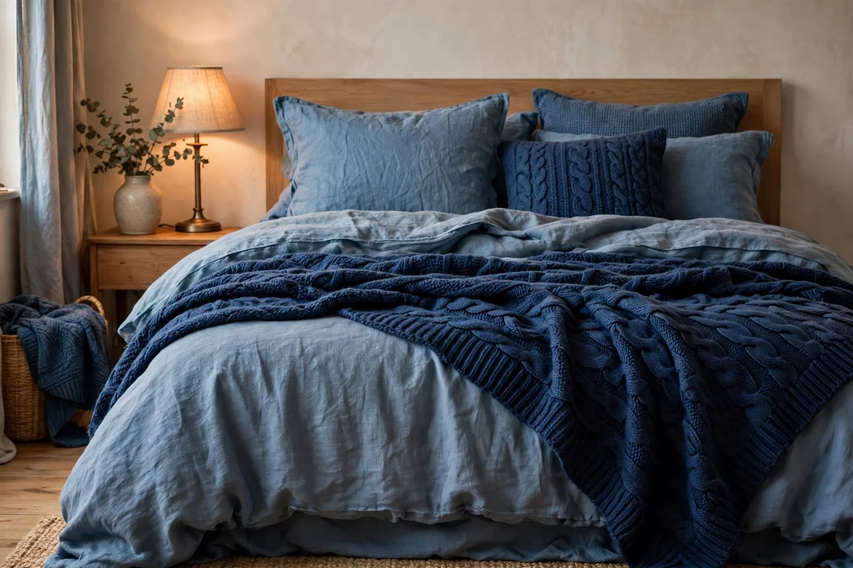 Layered blue textiles on bed
