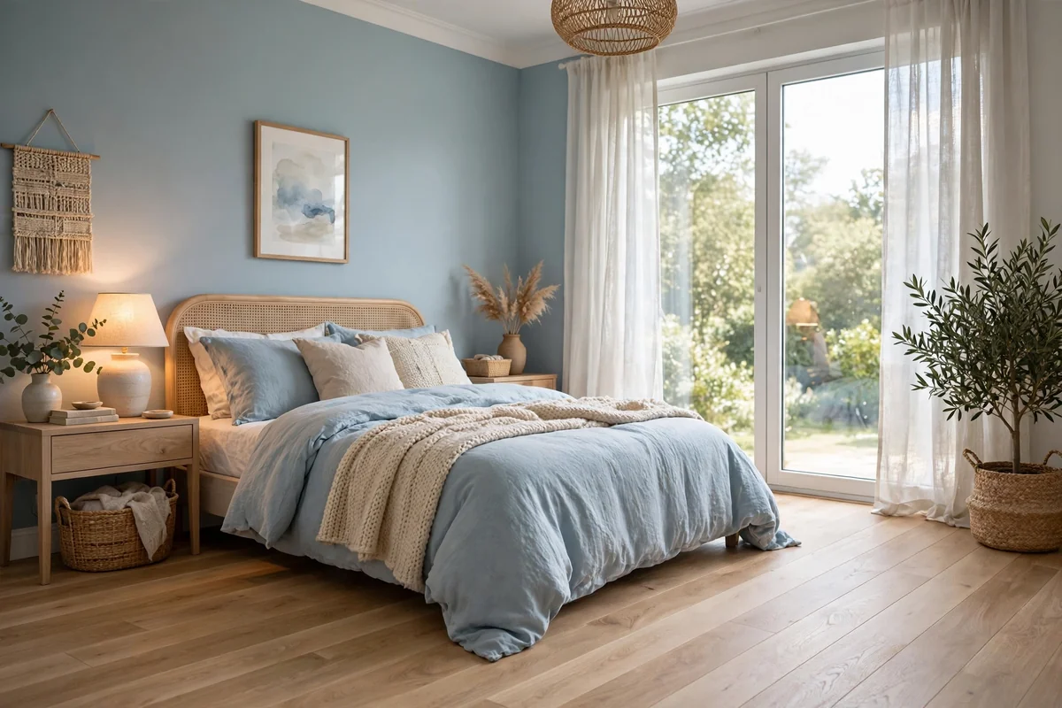 Light wood floors in blue bedroom