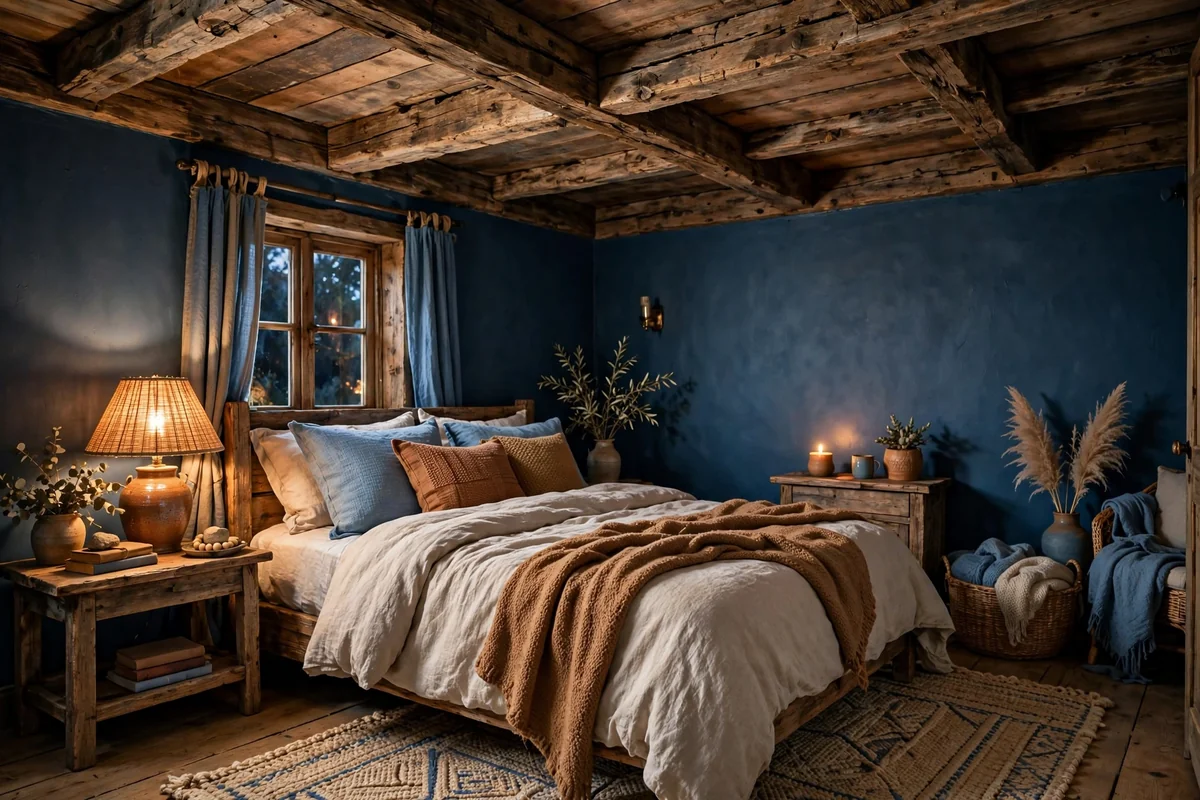Rustic wood beams in blue bedroom