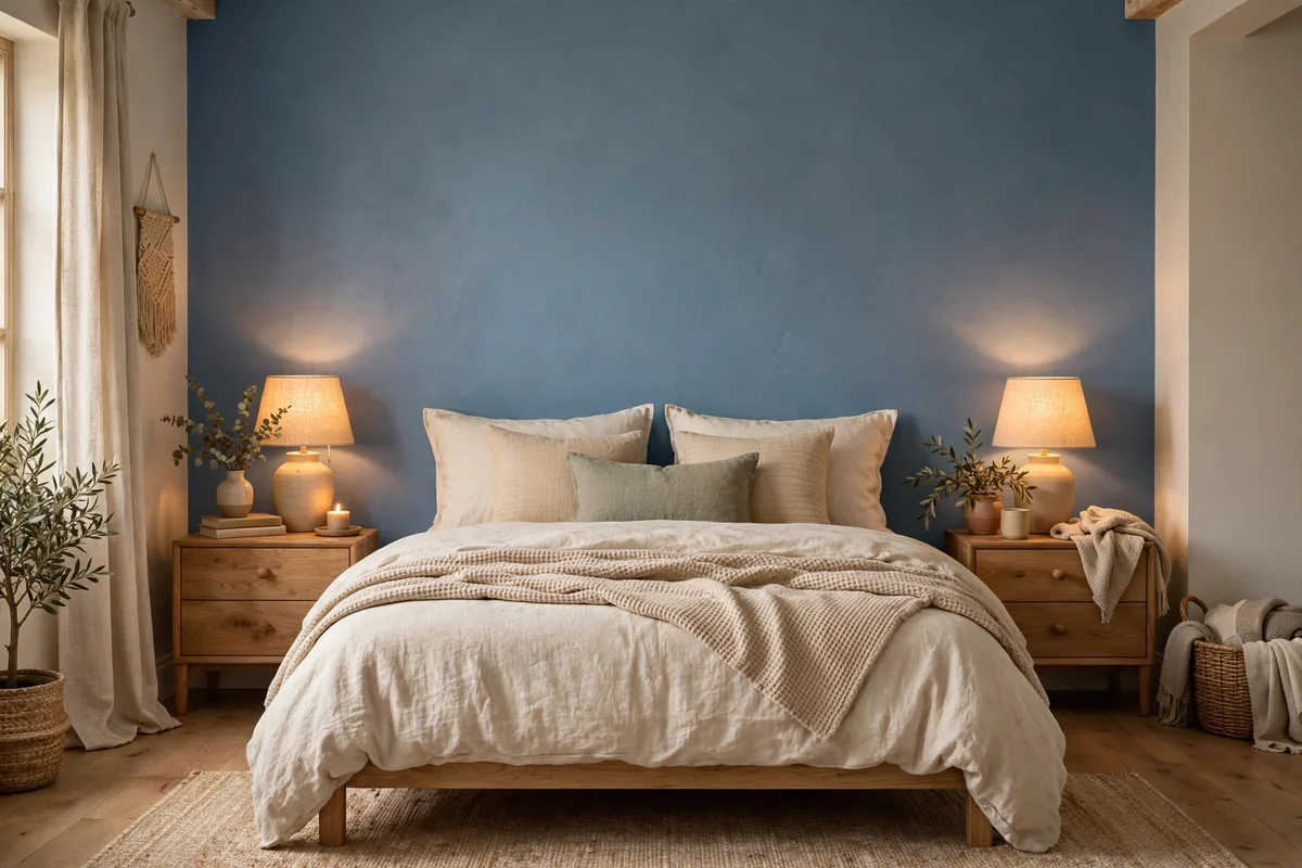 Dusty blue accent wall in bedroom