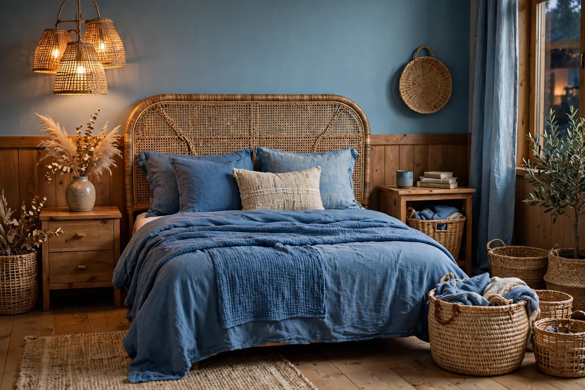 Woven and rattan details in blue bedroom