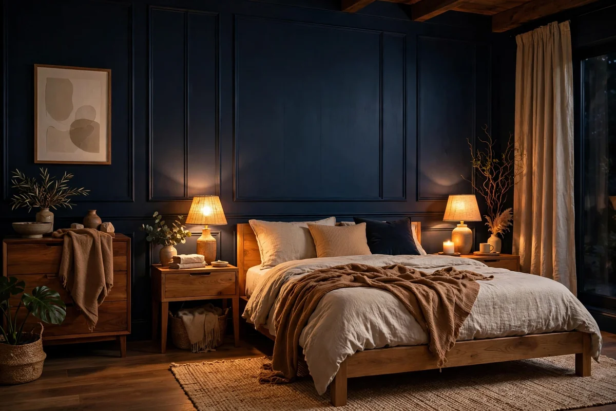 Deep navy statement wall in bedroom