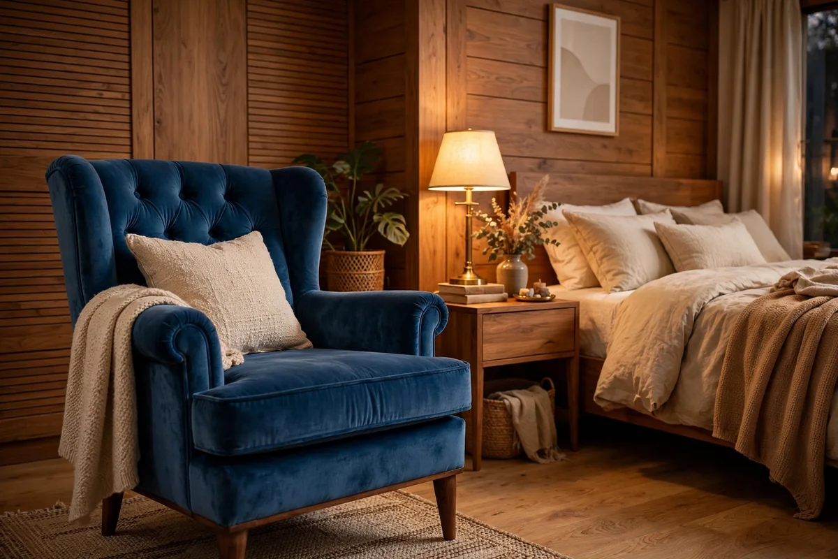 Blue velvet accents in wood bedroom