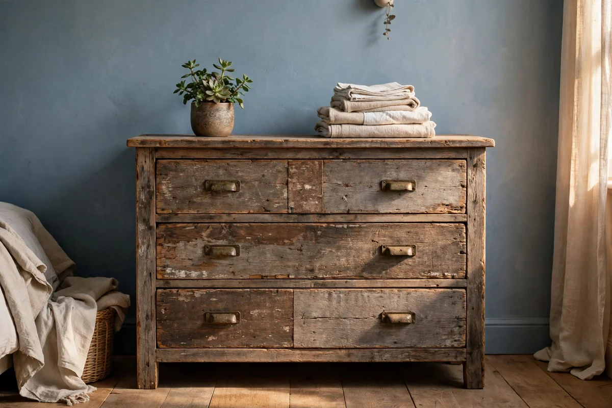 Reclaimed wood furniture in blue bedroom