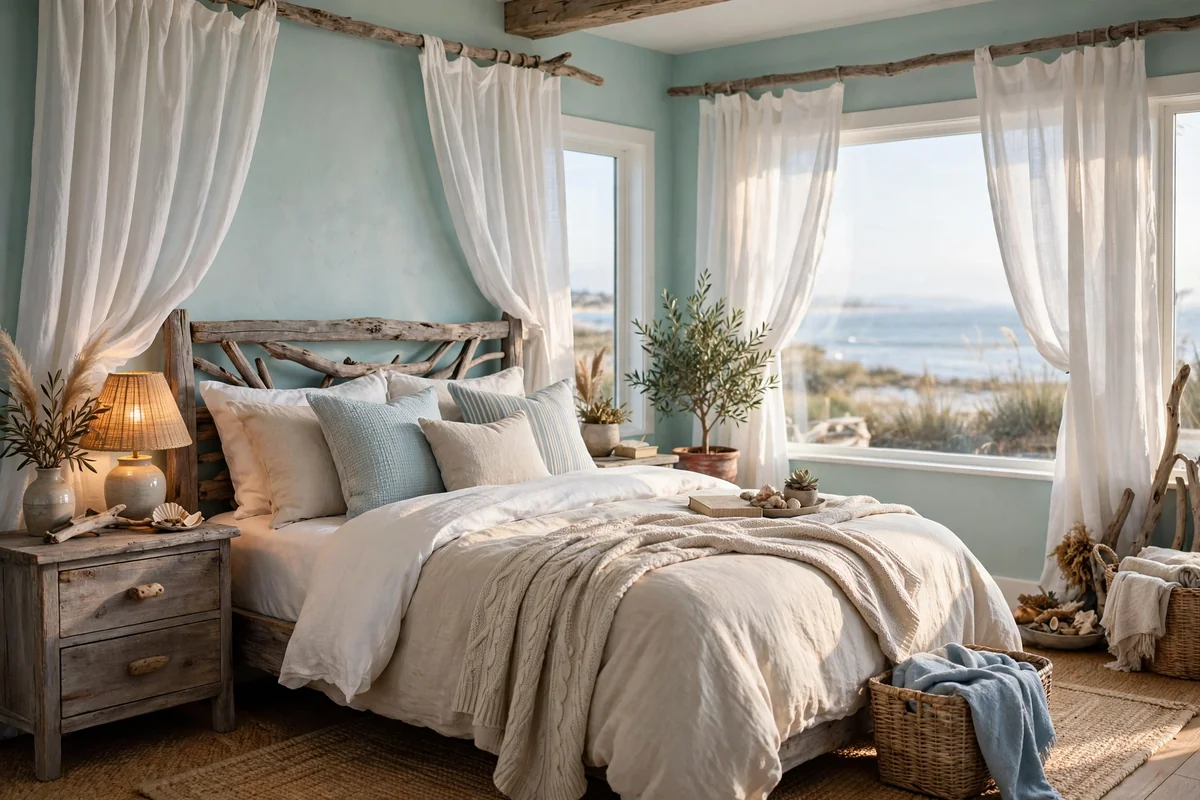 Coastal blue and driftwood bedroom
