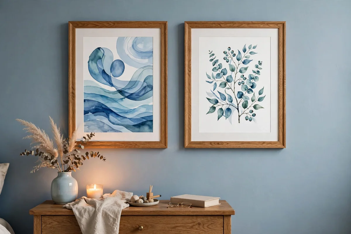 Blue artwork in wood frames