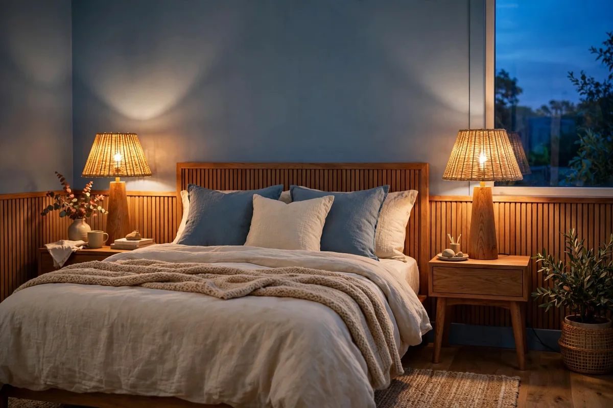 Warm layered lighting in blue and wood bedroom