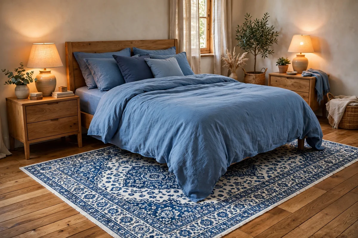 Patterned blue rug in wood bedroom