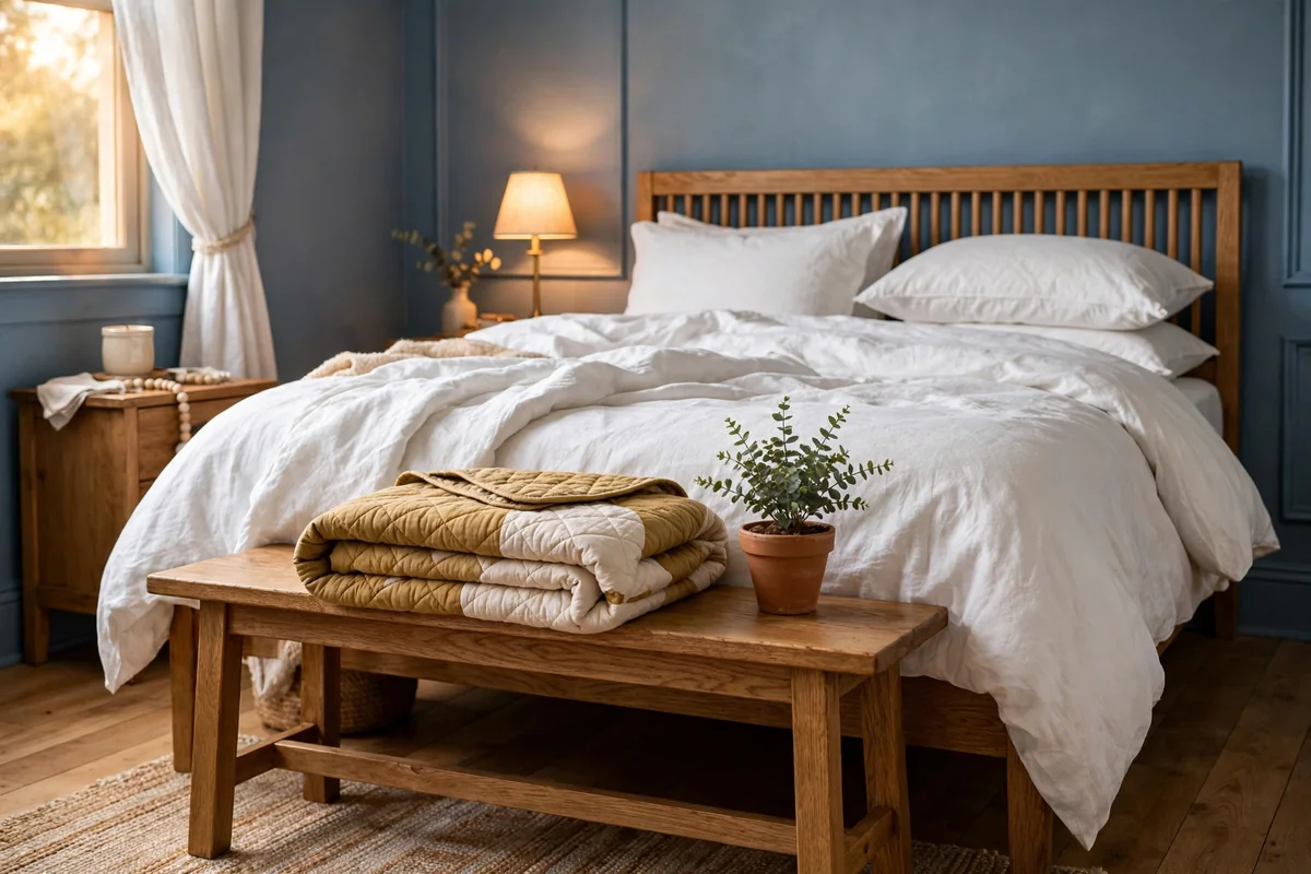 Wooden bench at foot of bed