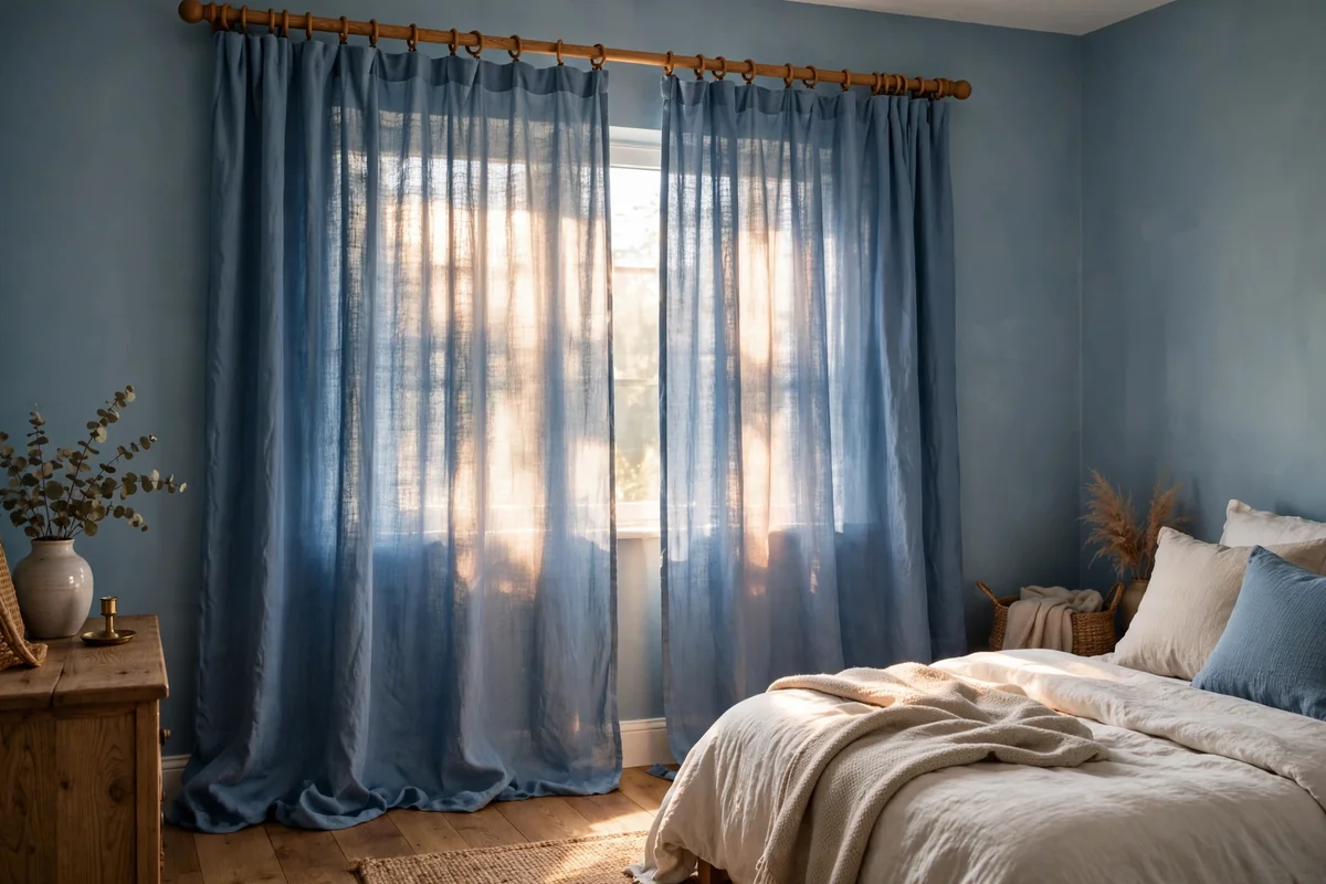 Blue curtains with wooden rods