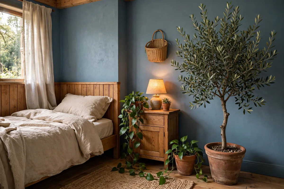 Plants in blue and wood bedroom
