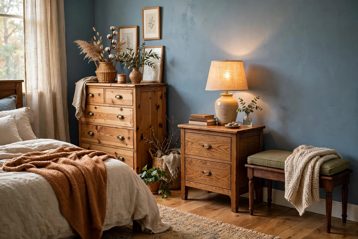 Mixed wood tones in blue bedroom