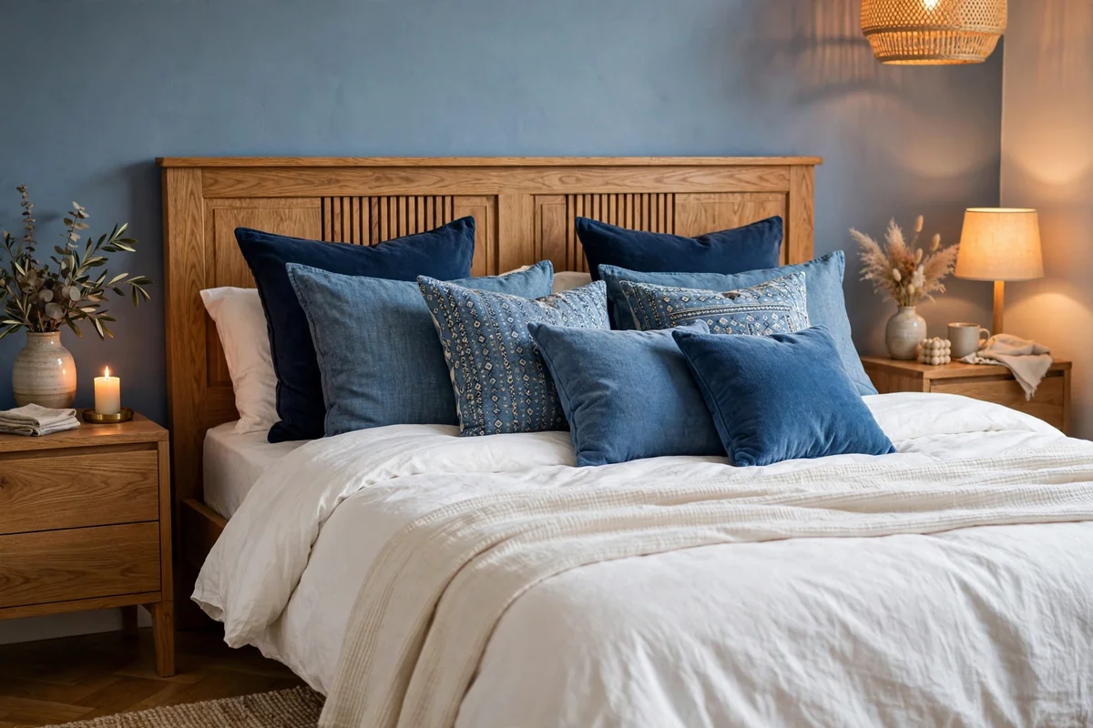 Blue throw pillows on bed