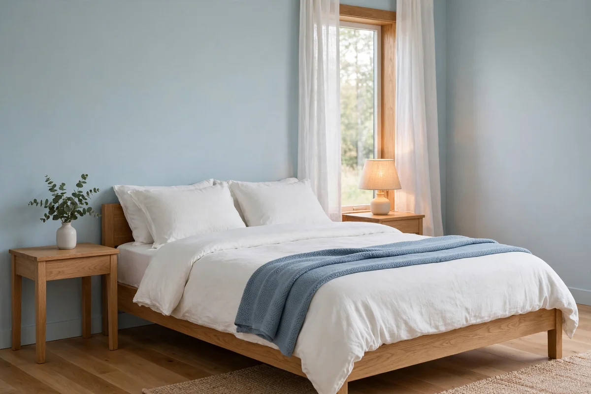 Simple serene blue and wood bedroom