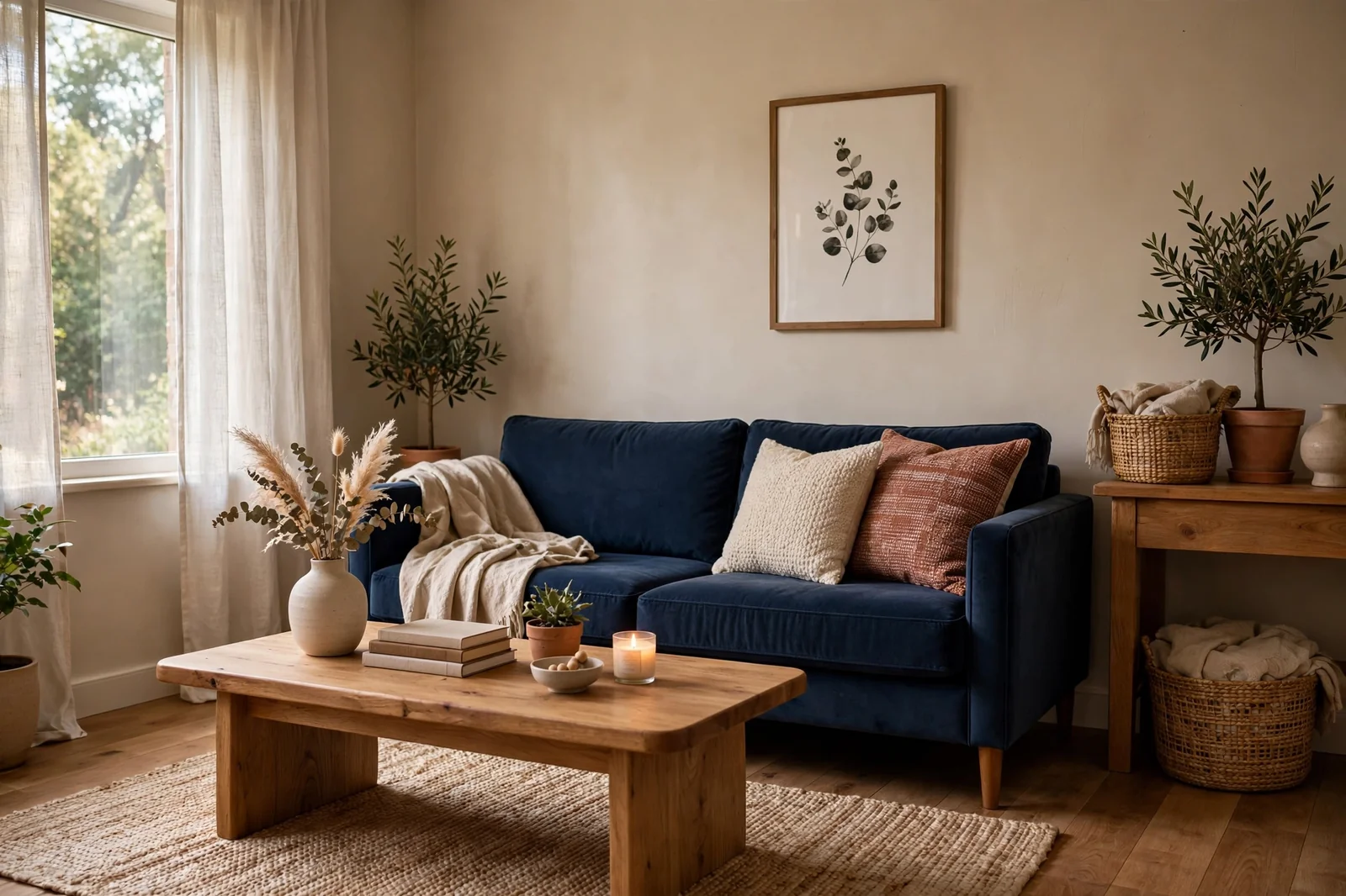Living room with beige walls, navy blue sofa and natural wood coffee table