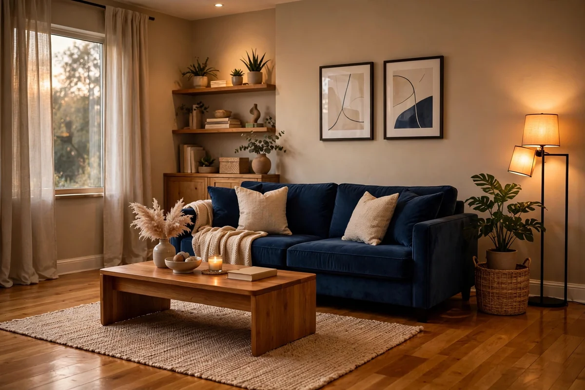 Beige walls with navy blue sofa