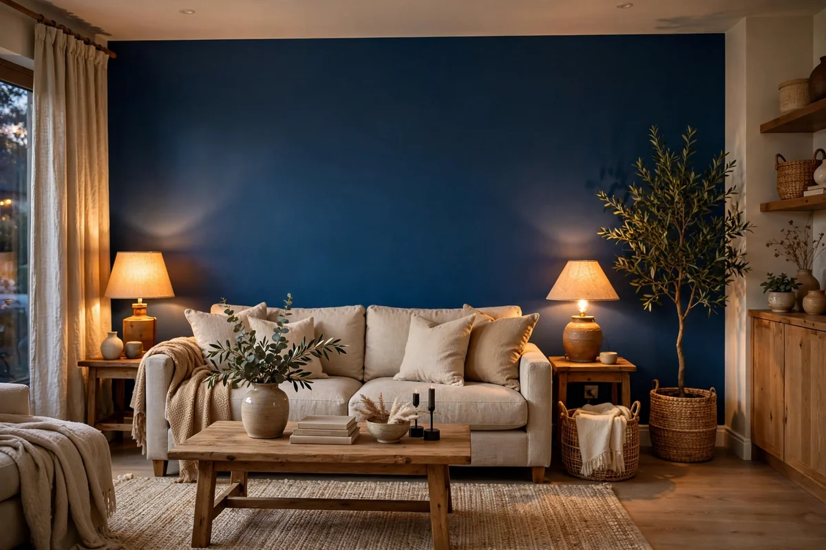 Blue accent wall with beige furniture