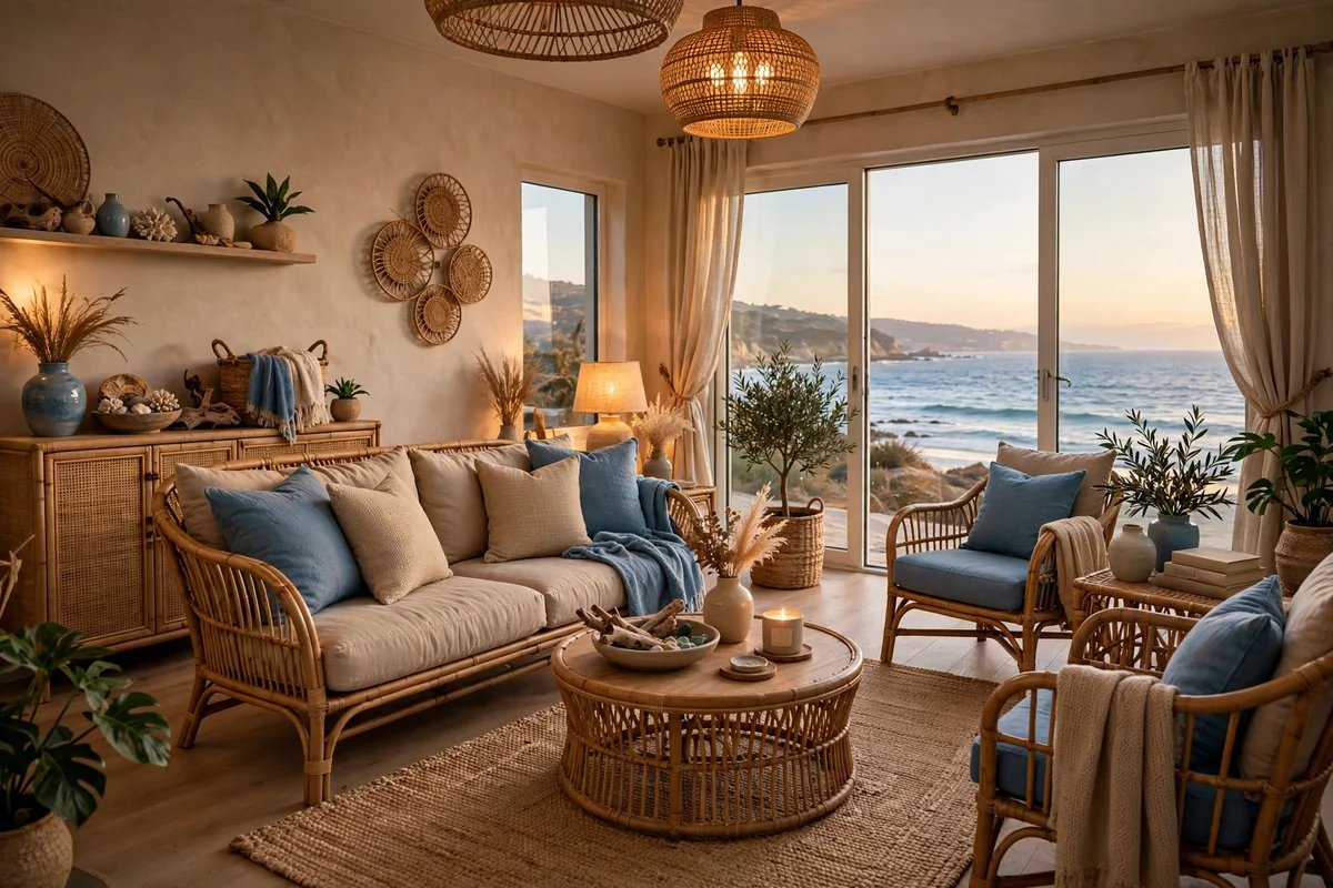 Coastal blue and sandy beige living room