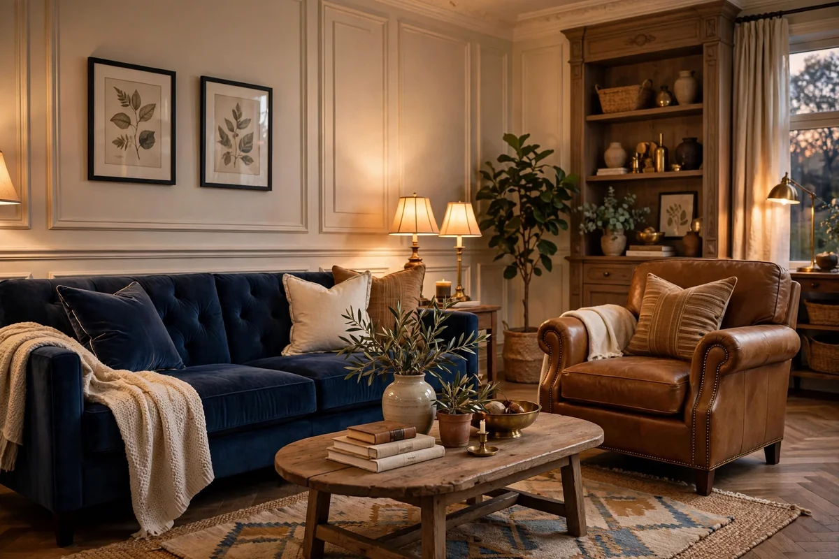 Navy sofa with camel leather chair