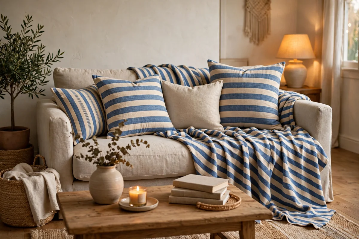 Striped blue and beige textiles