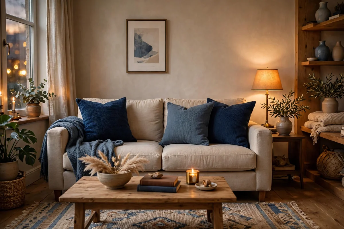Beige sofa with blue pillows
