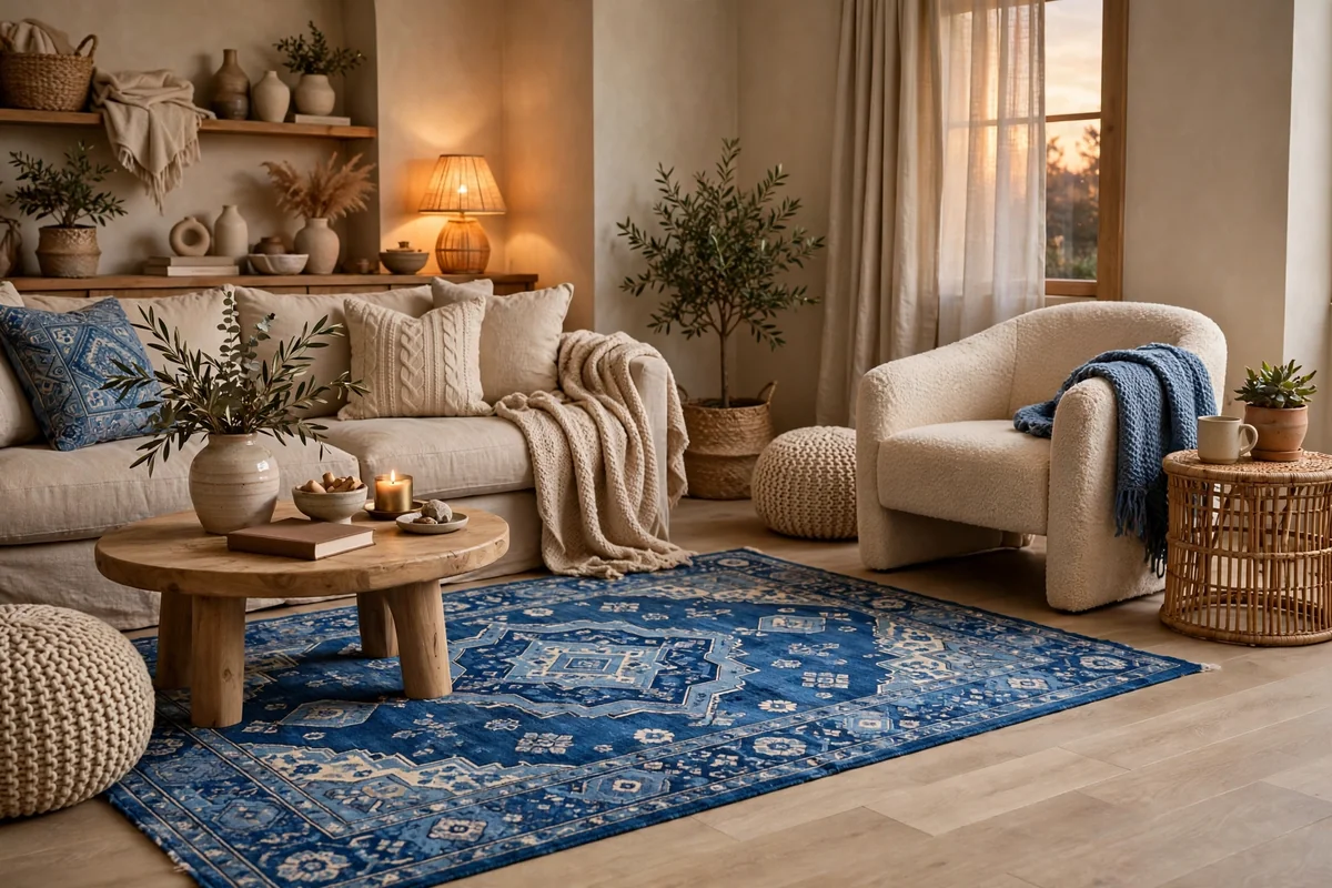 Blue rug in beige living room
