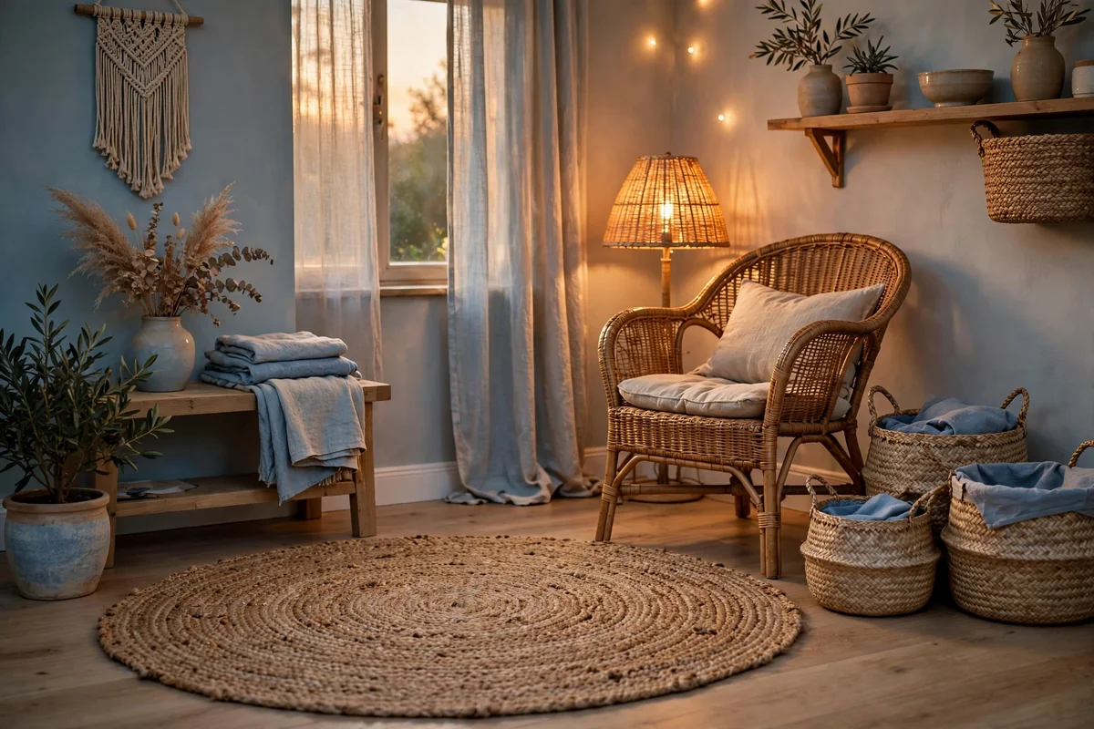 Woven natural textures in blue beige room