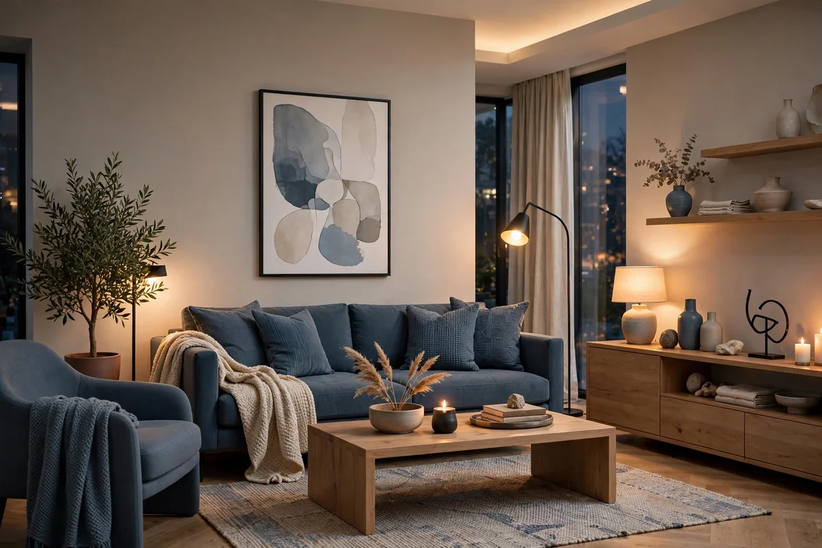 Modern blue and greige living room