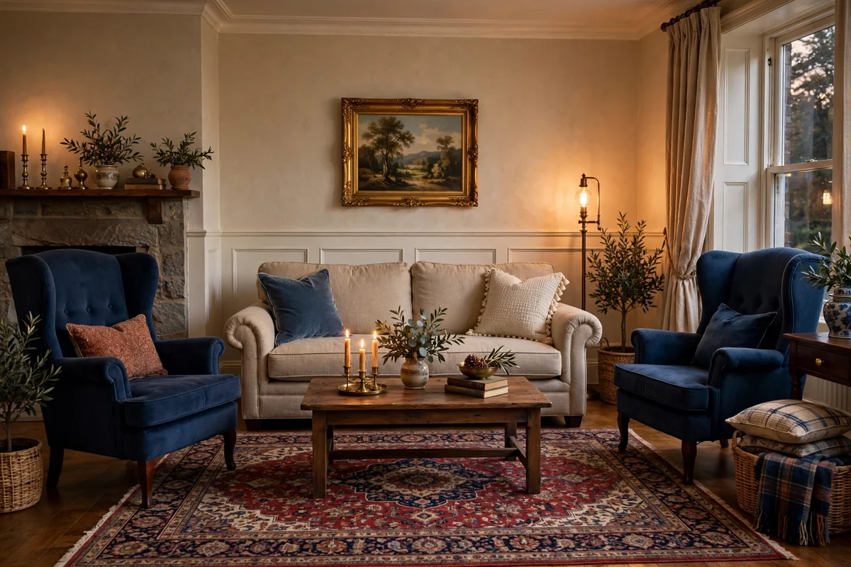 Traditional blue and beige living room
