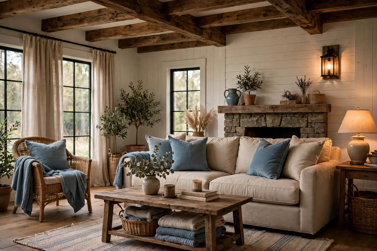 Farmhouse living room with blue accents