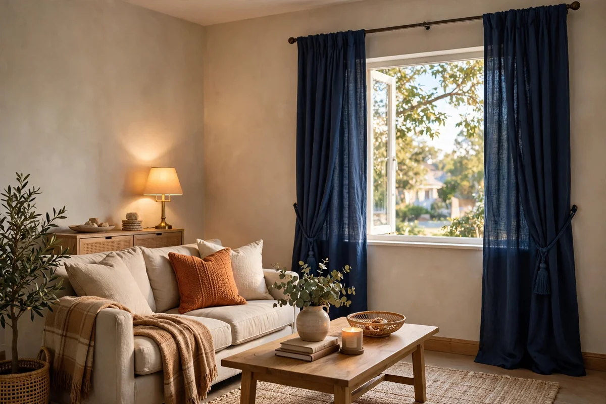 Blue curtains on beige walls