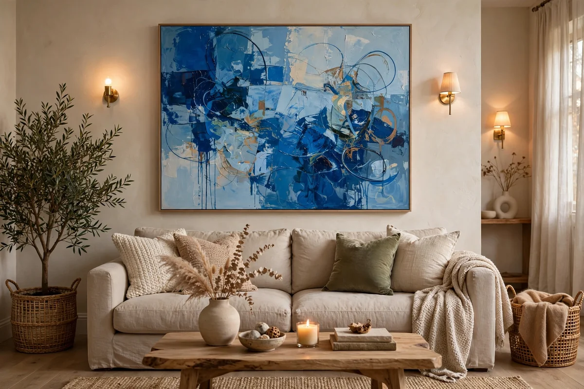 Blue artwork in beige living room