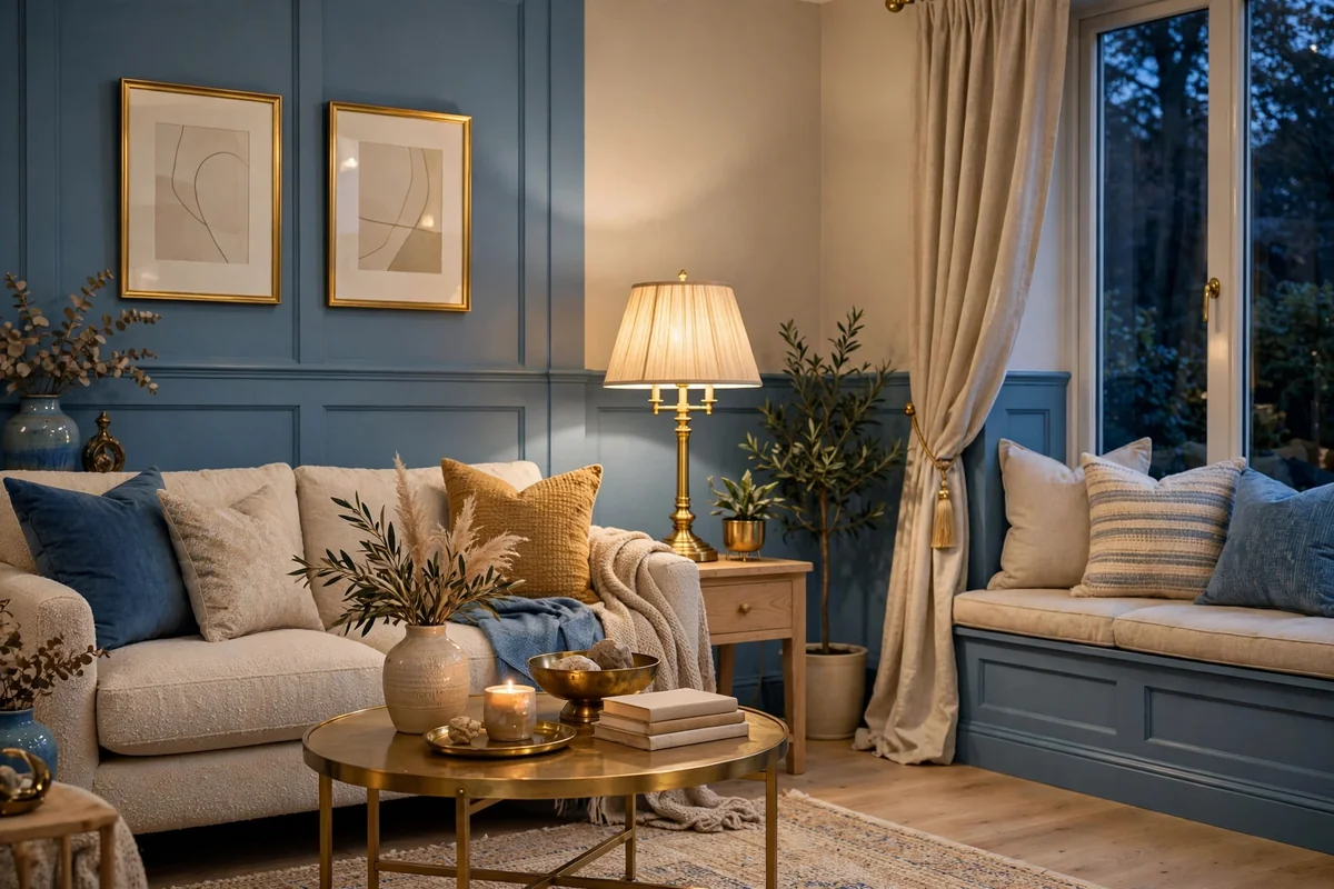 Brass accents in blue beige living room