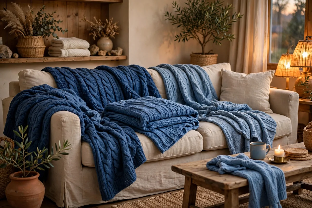 Layered blue throws on beige sofa