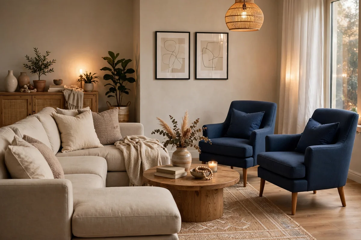 Beige sectional with blue accent chairs