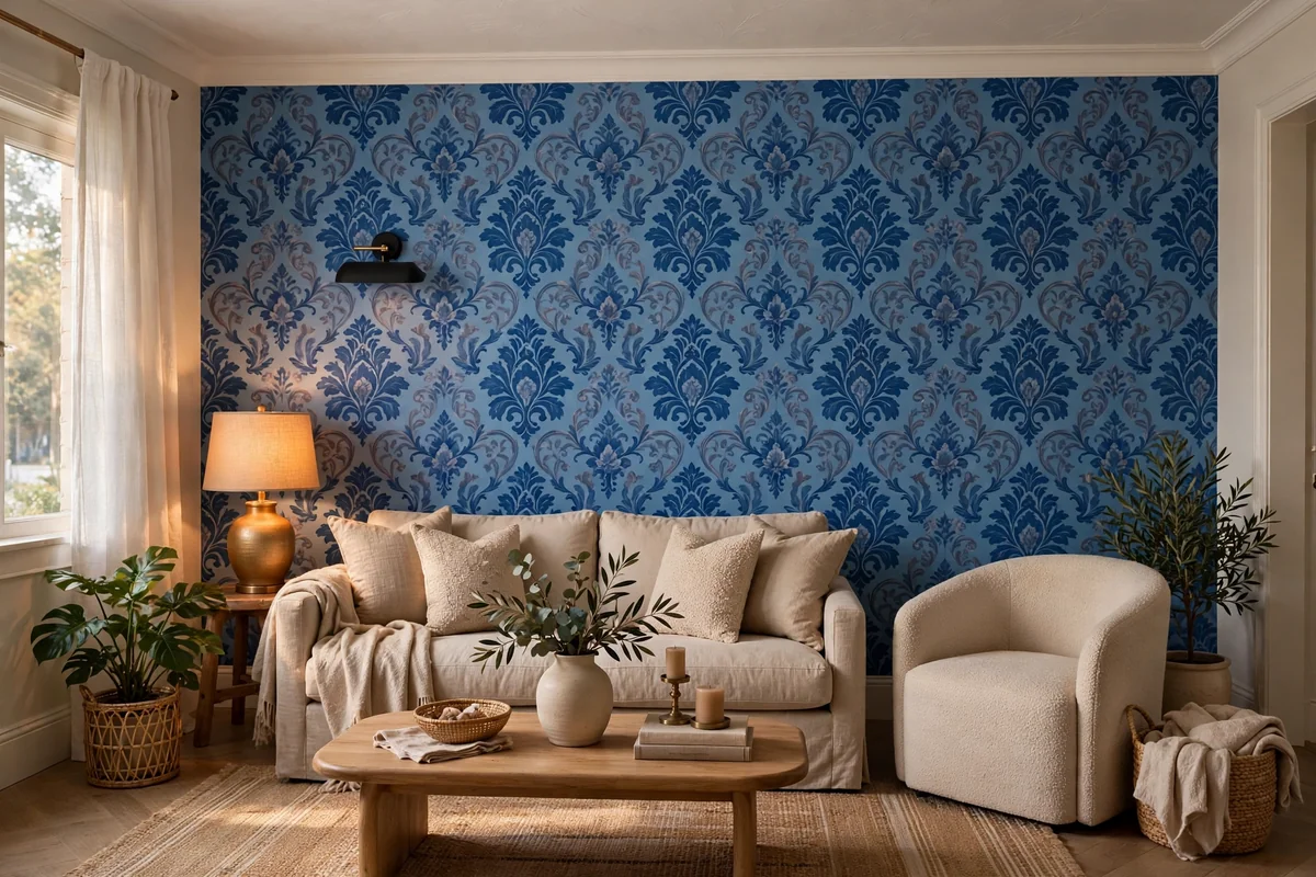 Patterned blue wallpaper in living room