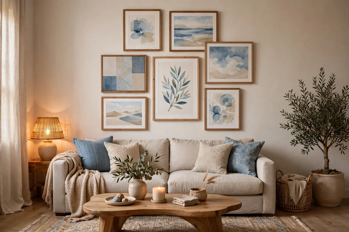 Blue and beige gallery wall