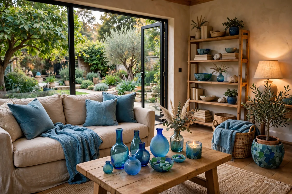 Outdoor inspired blue accents in living room