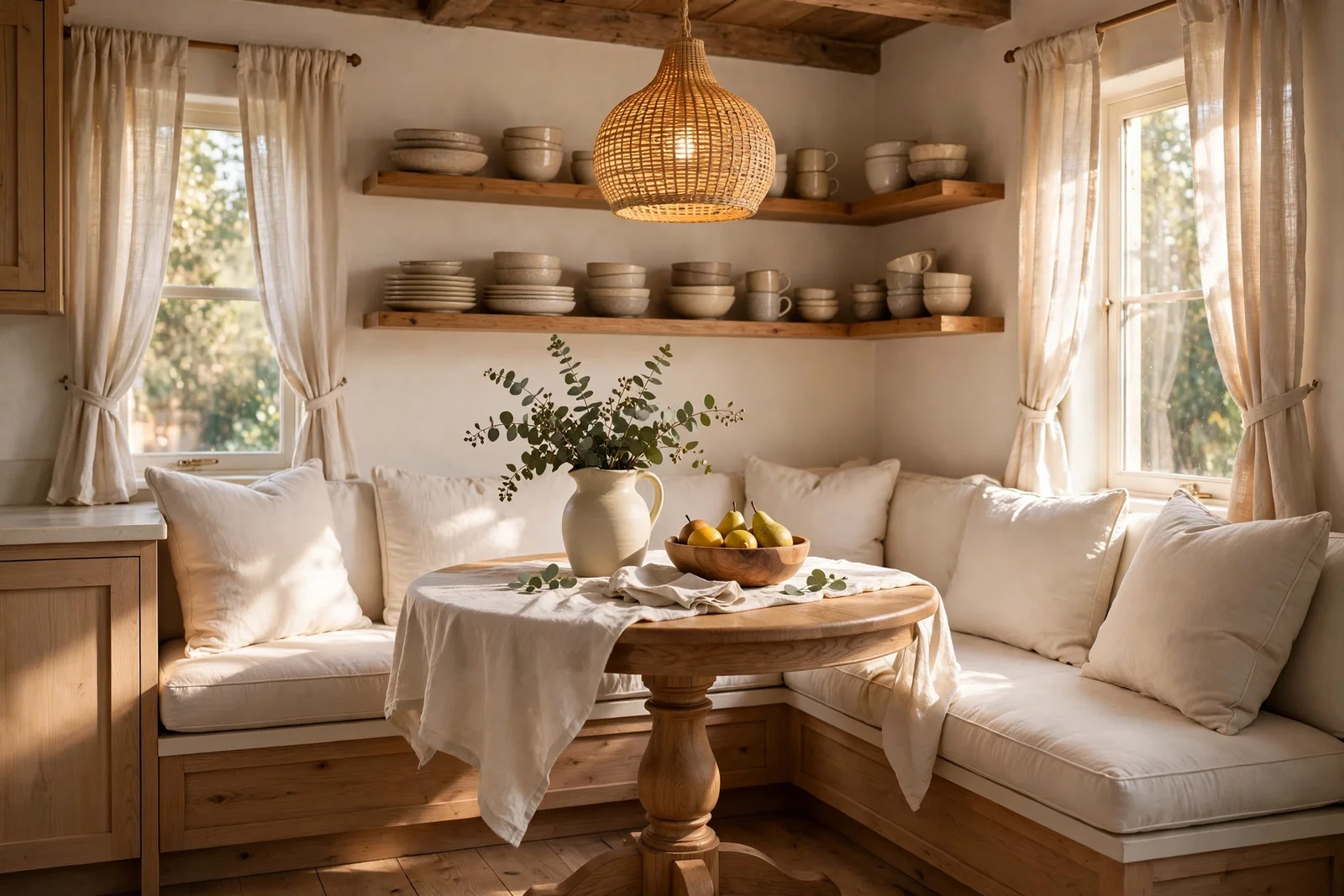 Sunlit kitchen corner breakfast nook with built-in banquette, round oak table, rattan pendant and linen cafe curtains