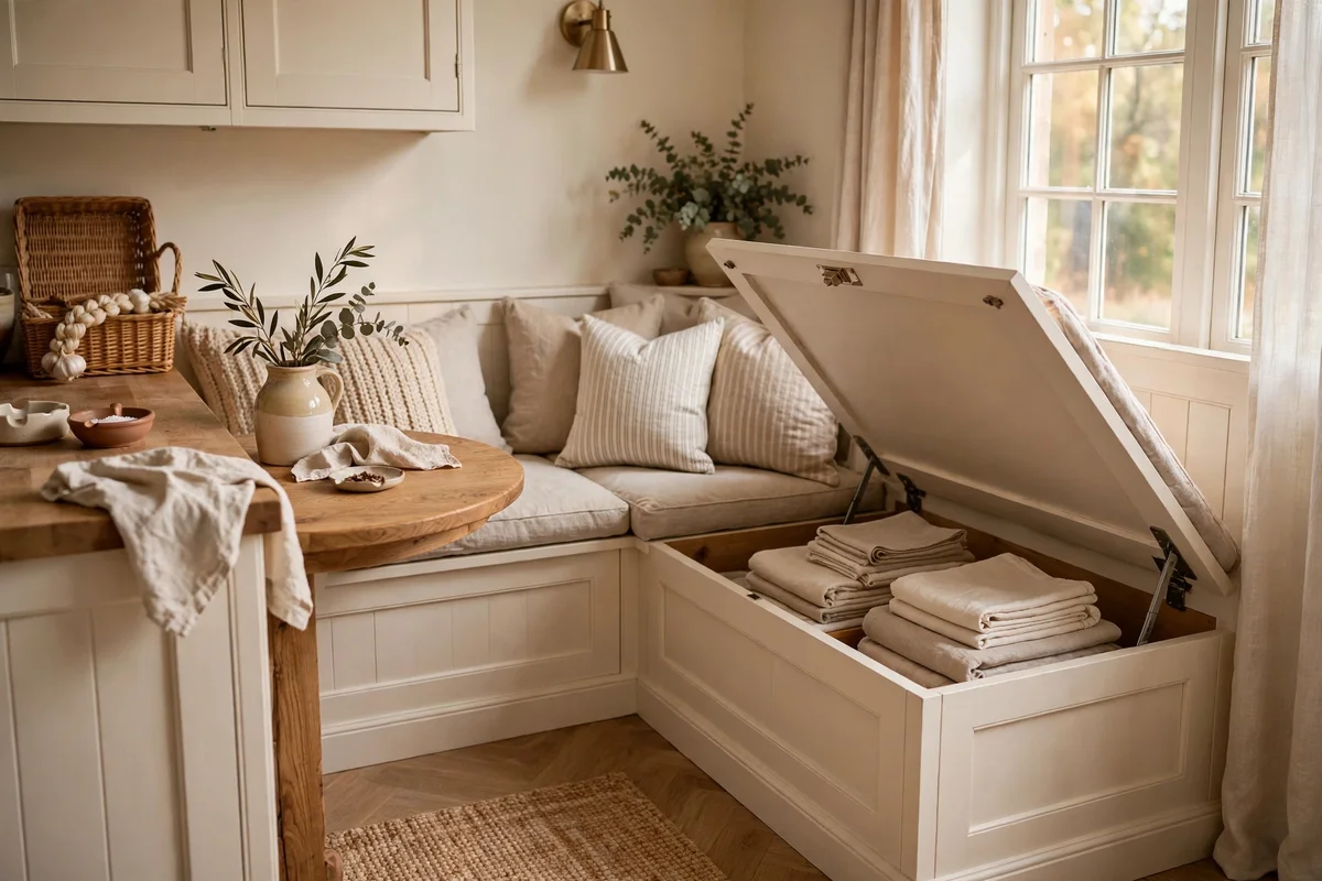 L-shaped built-in kitchen banquette with lift-up storage seats beside a round table