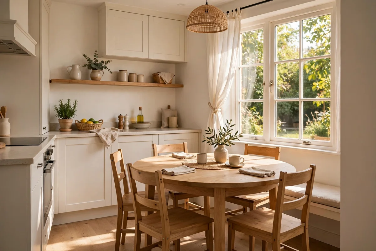 Round oak dining table in a small bright kitchen breakfast nook